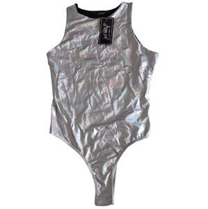 Just Polly NY Juniors Large Silver Metallic Iridescent Bodysuit *Flaw*